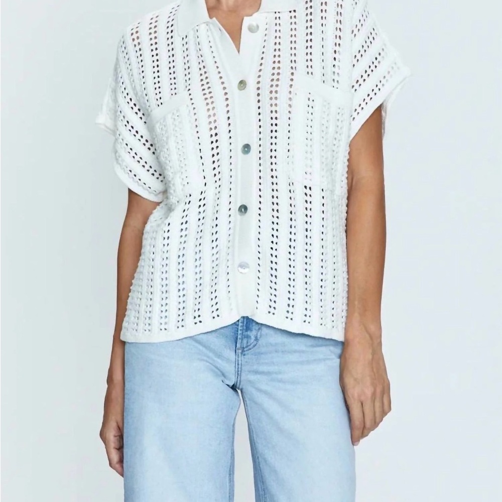 Pistola Lola Open-Knit Button-Front Crochet Cardigan Sweater Ecru Cream Small
